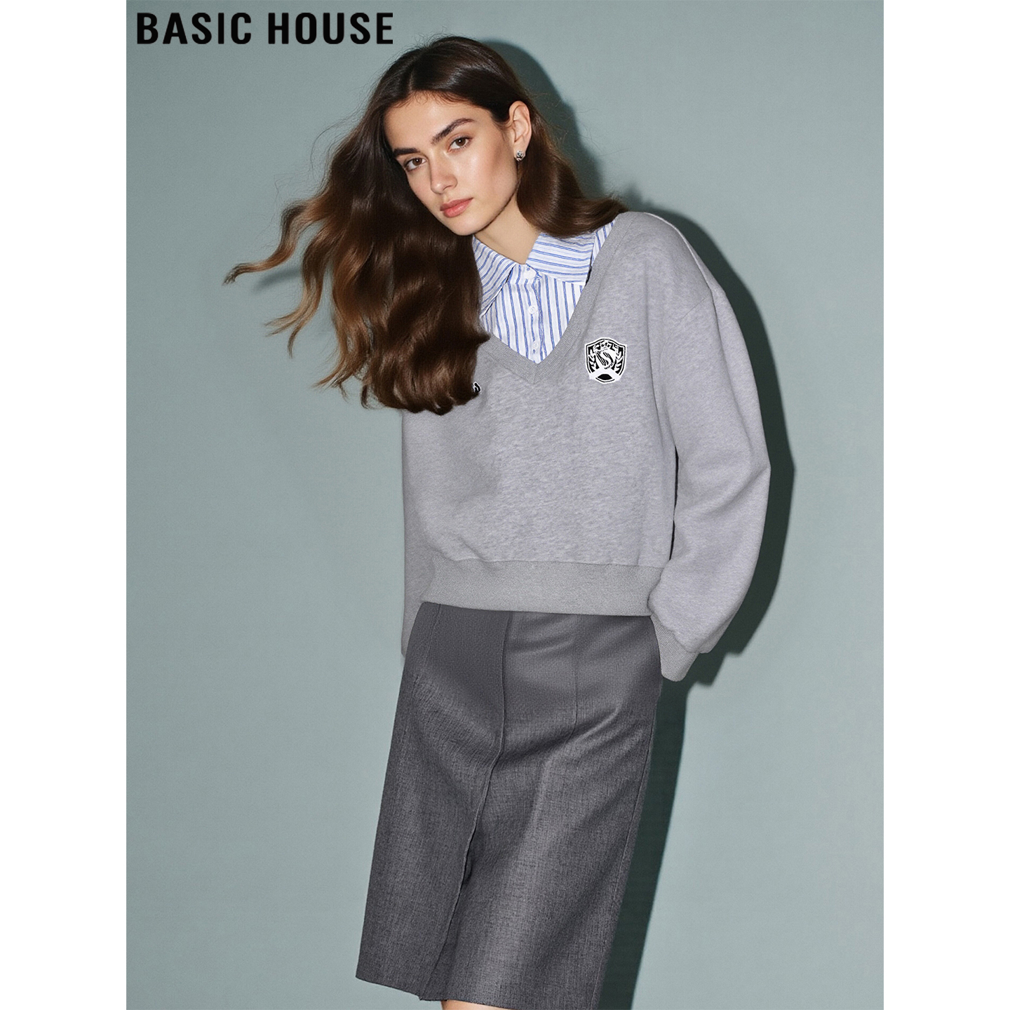 百家好学院风假两件衬衫领卫衣女