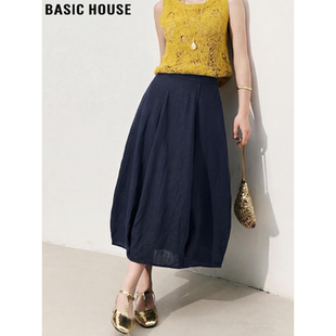 高腰显瘦花苞中长裙 百家好复古亚麻天丝半身裙女春季 Basic House