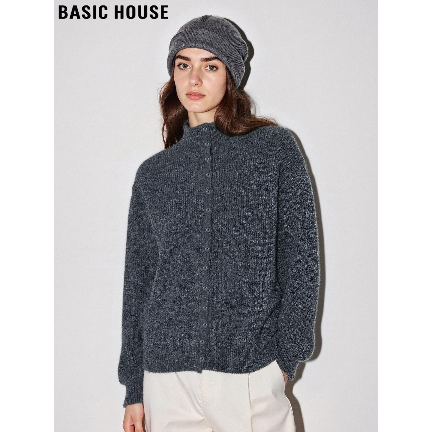 百家好灰色单排扣半高领毛衣外套