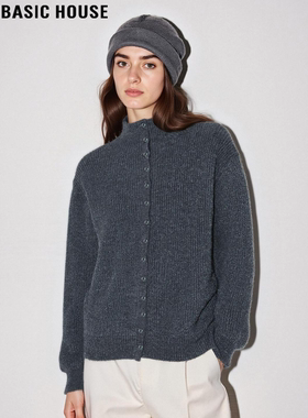 Basic House/百家好深灰色单排扣半高领毛衣外套女秋冬加厚针织衫
