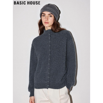 百家好灰色单排扣半高领毛衣外套