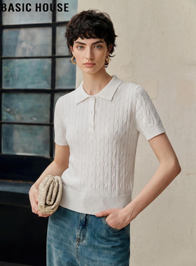 Basic House/百家好白色POLO翻领天丝针织短袖T恤女2026夏季新款