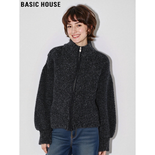 Basic House/百家好加厚保暖灰色羊毛衣外套女冬季慵懒风拉链开衫