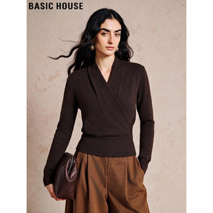 Basic House/百家好棕色亮片V领针织衫女士春季修身软糯内搭上衣