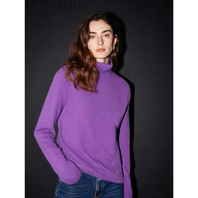 百家好紫色半高领羊毛针织打底衫