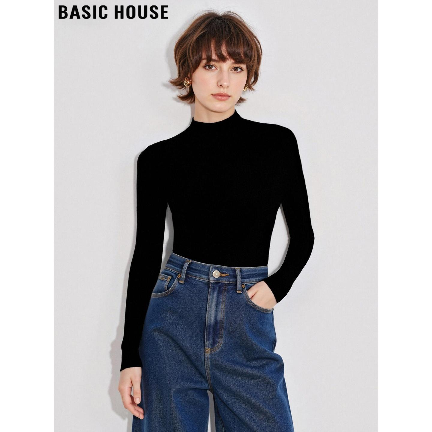 百家好黑色半高领打底软糯针织衫