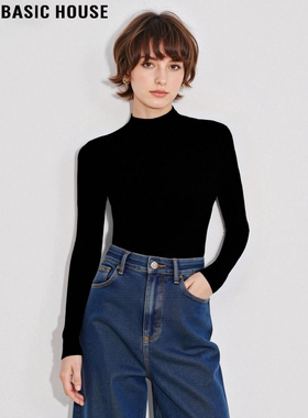 Basic House/百家好黑色半高领针织衫女冬季复古修身软糯打底毛衣