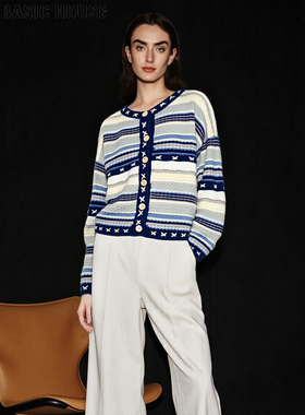 Basic House/百家好蓝色条纹毛衣外套女2026春季新款宽松针织开衫