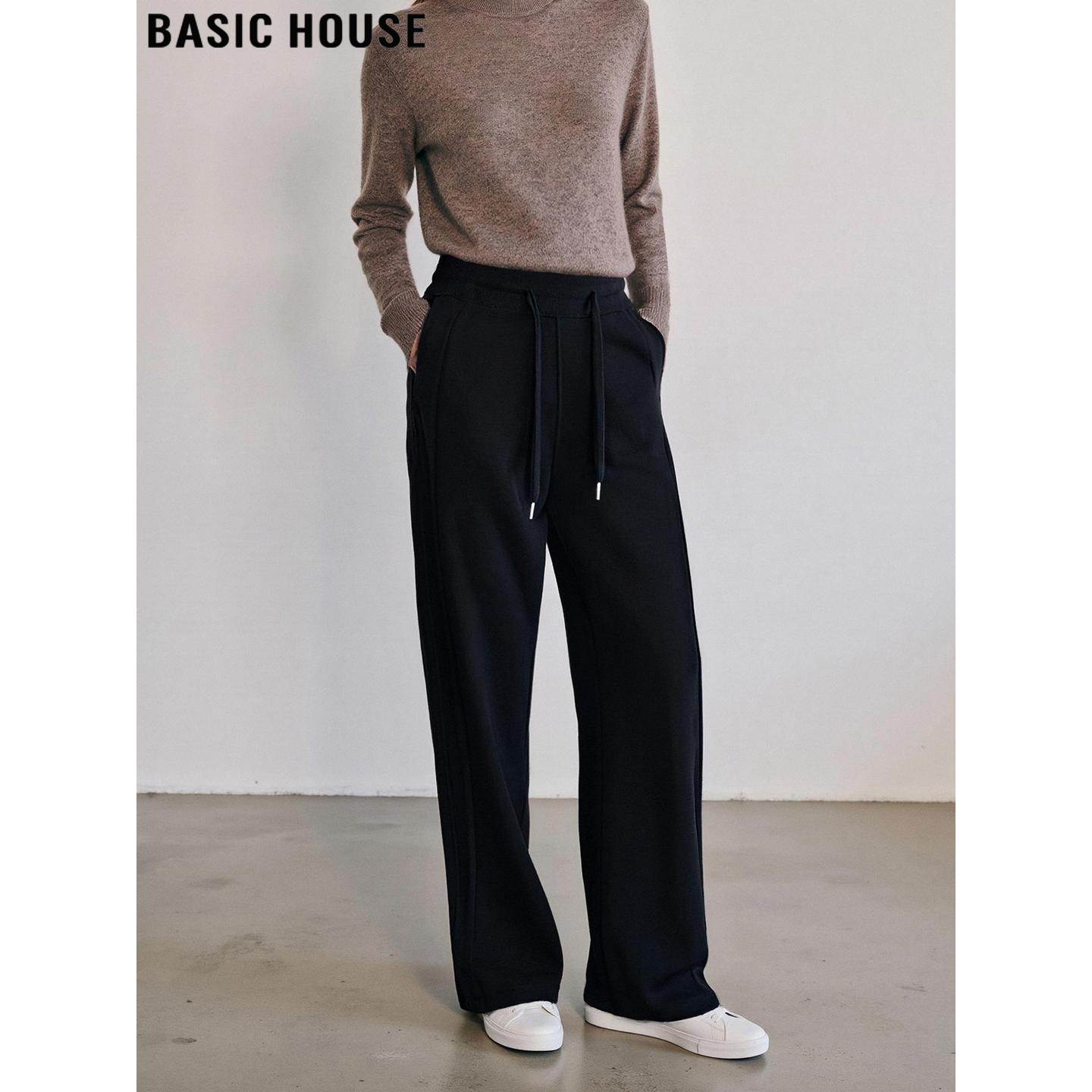 Basic House/百家好黑色阔腿运动裤女士冬季加绒加厚高腰直筒卫裤,女装/女士精品,休闲裤,淘宝优惠券,粉丝福利购,淘宝优惠卷