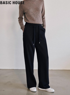 Basic House/百家好黑色阔腿运动裤女士冬季加绒加厚高腰直筒卫裤