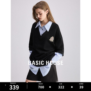 百家好假两件卫衣女2024春季 新款 House Basic 减龄学院风宽松上衣