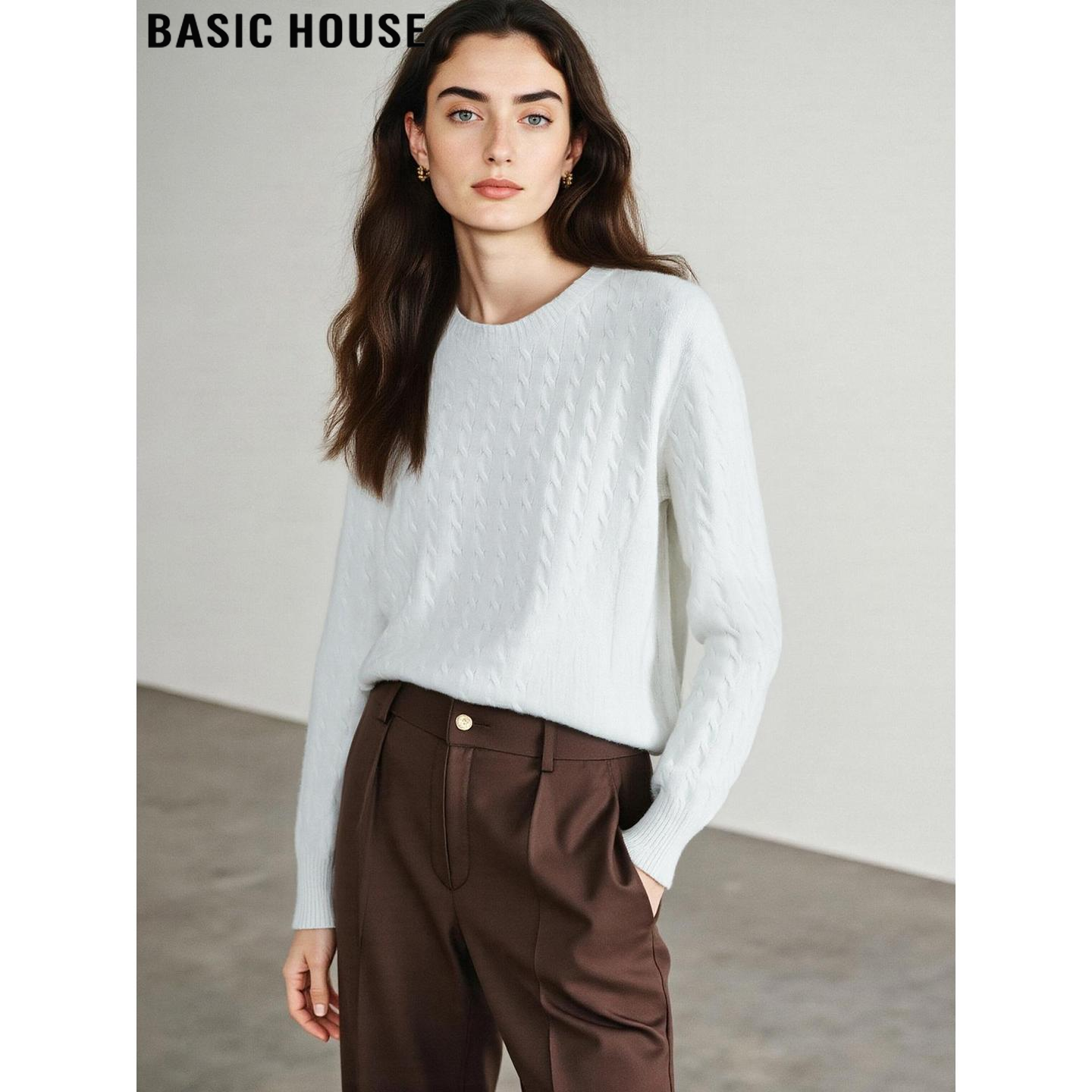 Basic House/百家好白色麻花针织衫女士2026春季新款软糯内搭上衣