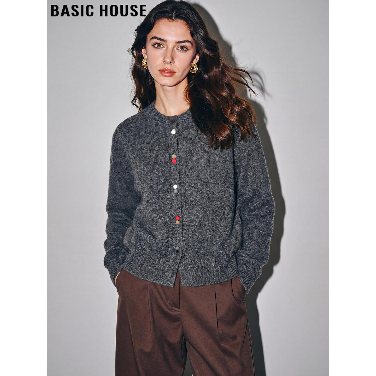 Basic House/百家好灰色圆领针织开衫女2026春季新款软糯毛衣外套,女装/女士精品,毛衣,淘宝优惠券,粉丝福利购,淘宝优惠卷