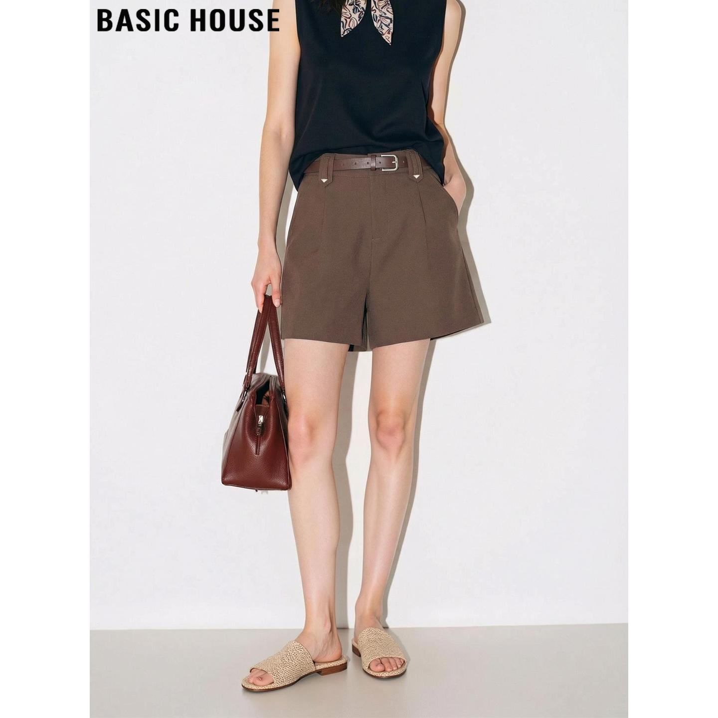 Basic House/百家好咖色阔腿短裤女夏季新款外穿高腰西装直筒裤子