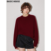 Basic 慵懒风软糯针织衫 House 百家好红色100%羊毛圆领毛衣女冬季