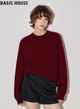 Basic House/百家好红色100%羊毛圆领毛衣女冬季慵懒风软糯针织衫