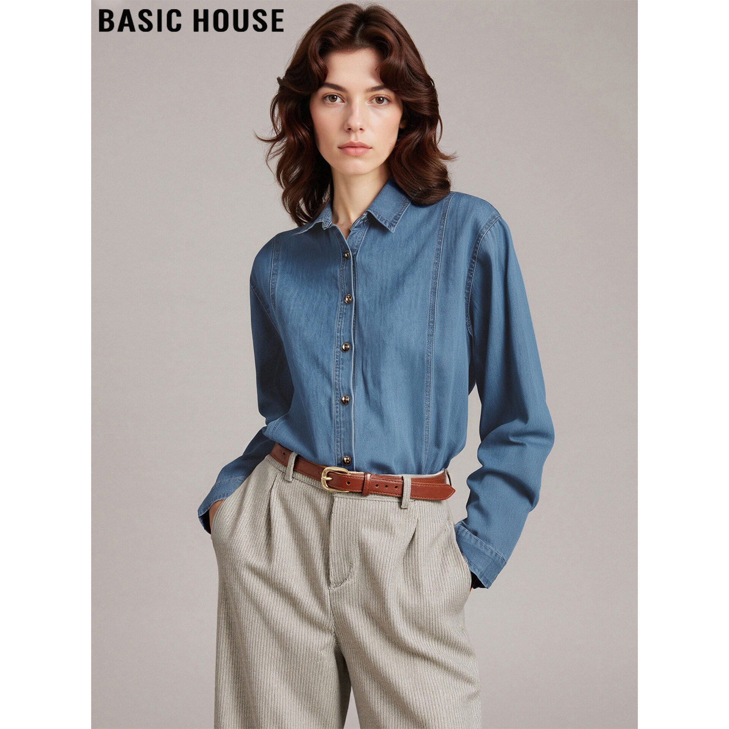 Basic House/百家好复古蓝色牛仔衬衫女2025冬季新款内搭叠穿外套,女装/女士精品,衬衫,淘宝优惠券,粉丝福利购,淘宝优惠卷