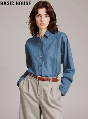 Basic House/百家好复古蓝色牛仔衬衫女2025冬季新款内搭叠穿外套