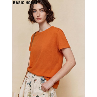 T恤女夏季 百家好橘色圆领宽松短袖 正肩简约通勤上衣 House Basic