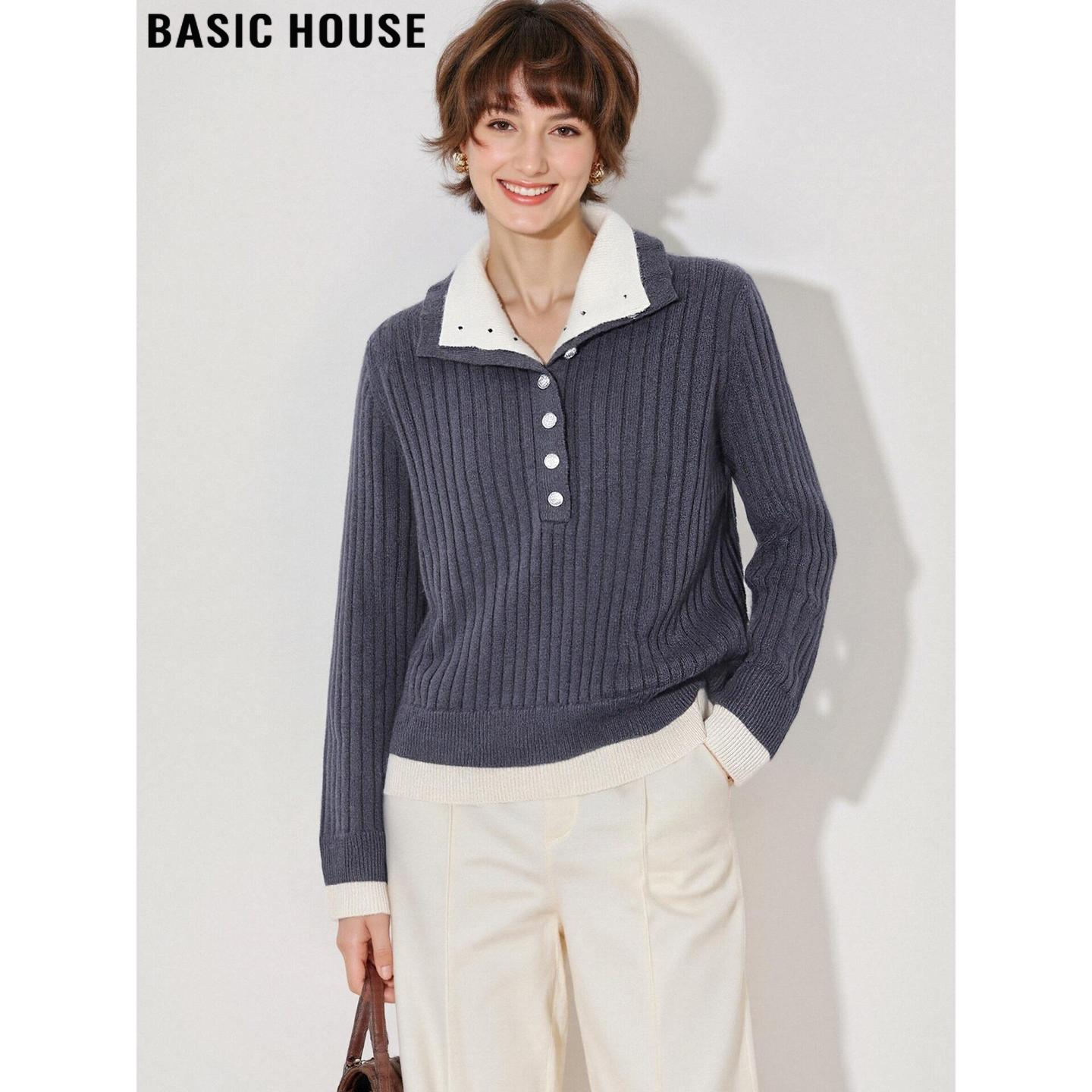 百家好100%羊毛坑条假两件针织衫