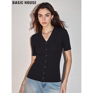 House 冰丝半袖 百家好V领天丝短袖 黑色修身 薄上衣 T恤女夏季 Basic