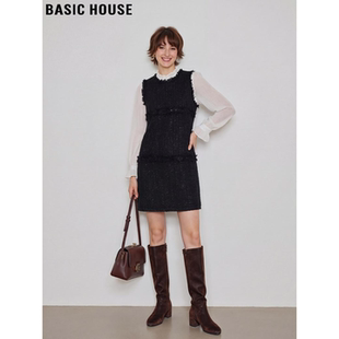 Basic House/百家好黑色无袖背心裙女2026春季新款毛边圆领连衣裙