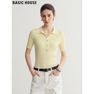 气质修身 Basic 女夏季 百家好黄色翻领冰丝针织短袖 百搭上衣 House