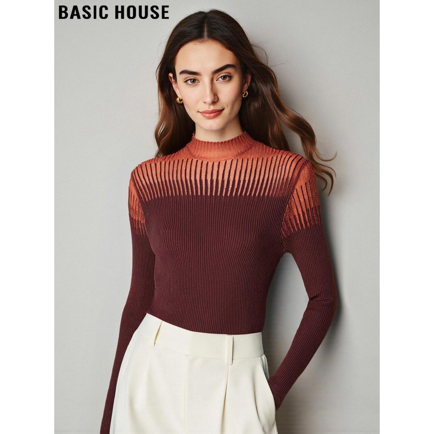 百家好深棕色蕾丝镂空针织打底衫