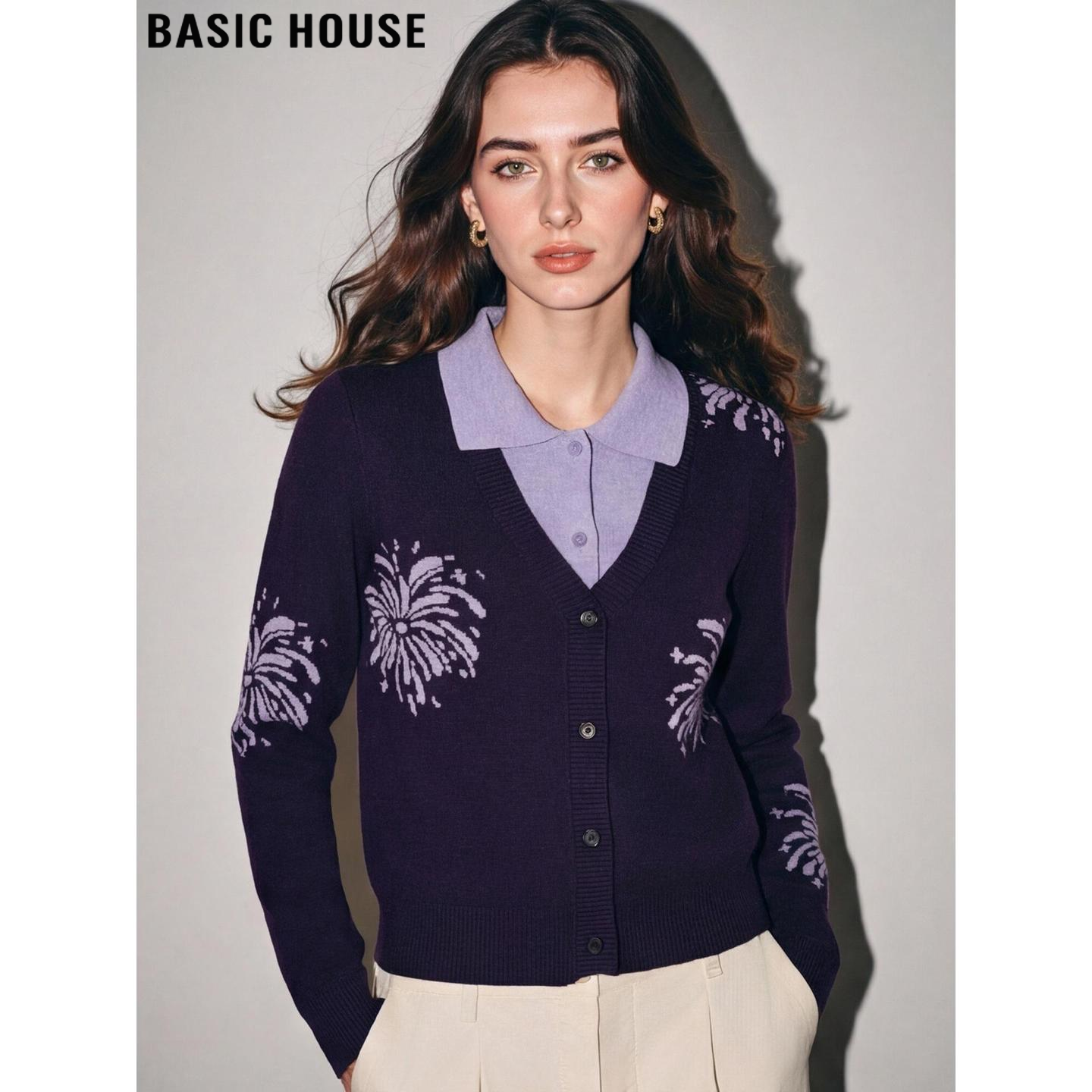 Basic House/百家好撞色假两件针织衫女2026春季新款软糯提花毛衣,女装/女士精品,毛针织衫,淘宝优惠券,粉丝福利购,淘宝优惠卷