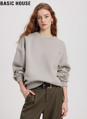 Basic House/百家好刺绣圆领卫衣女秋冬慵懒宽松加绒加厚无帽上衣