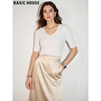 百家好白色V领短袖T恤冰丝针织衫