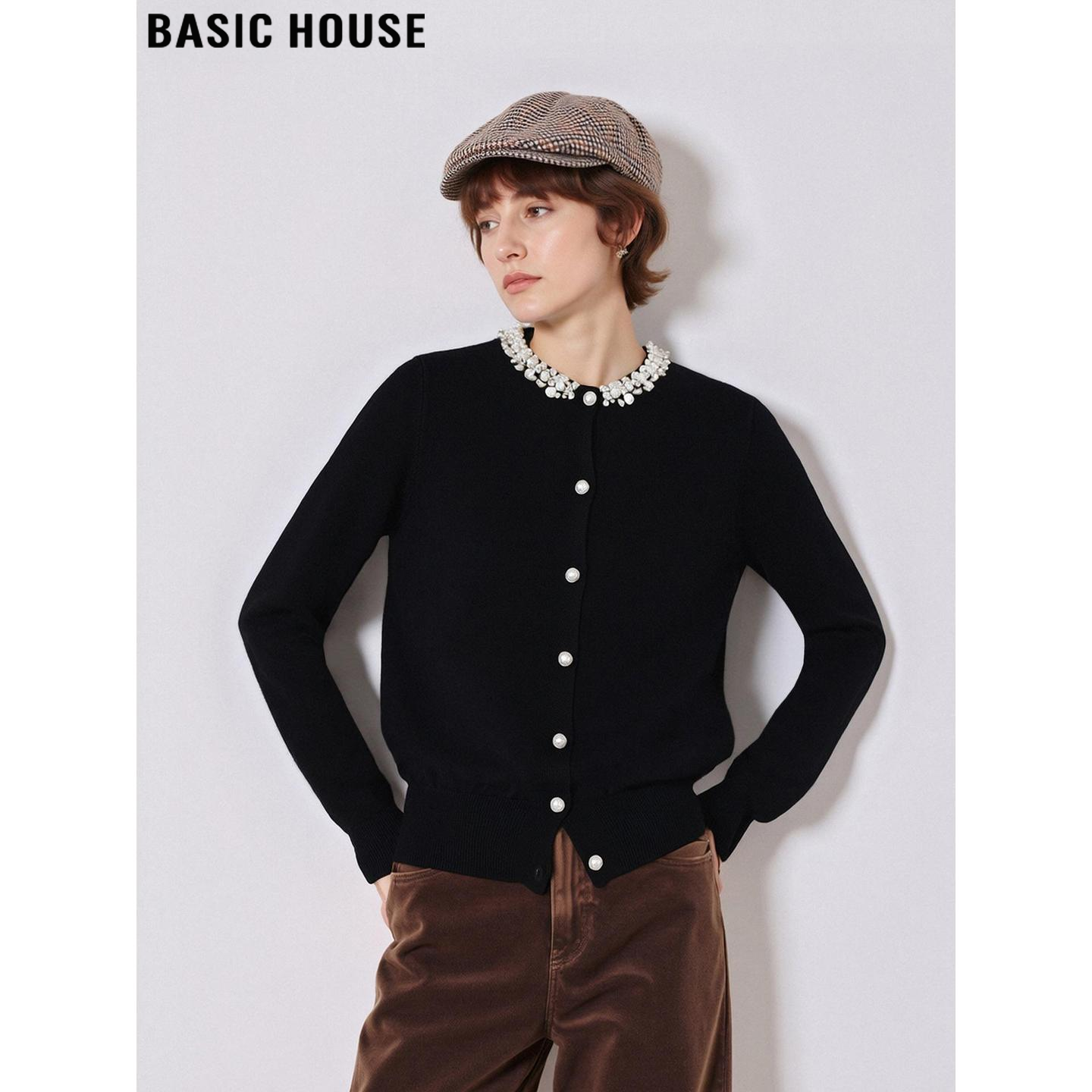 Basic House/百家好黑色钉珠圆领针织衫女冬季高级感修身软糯毛衣