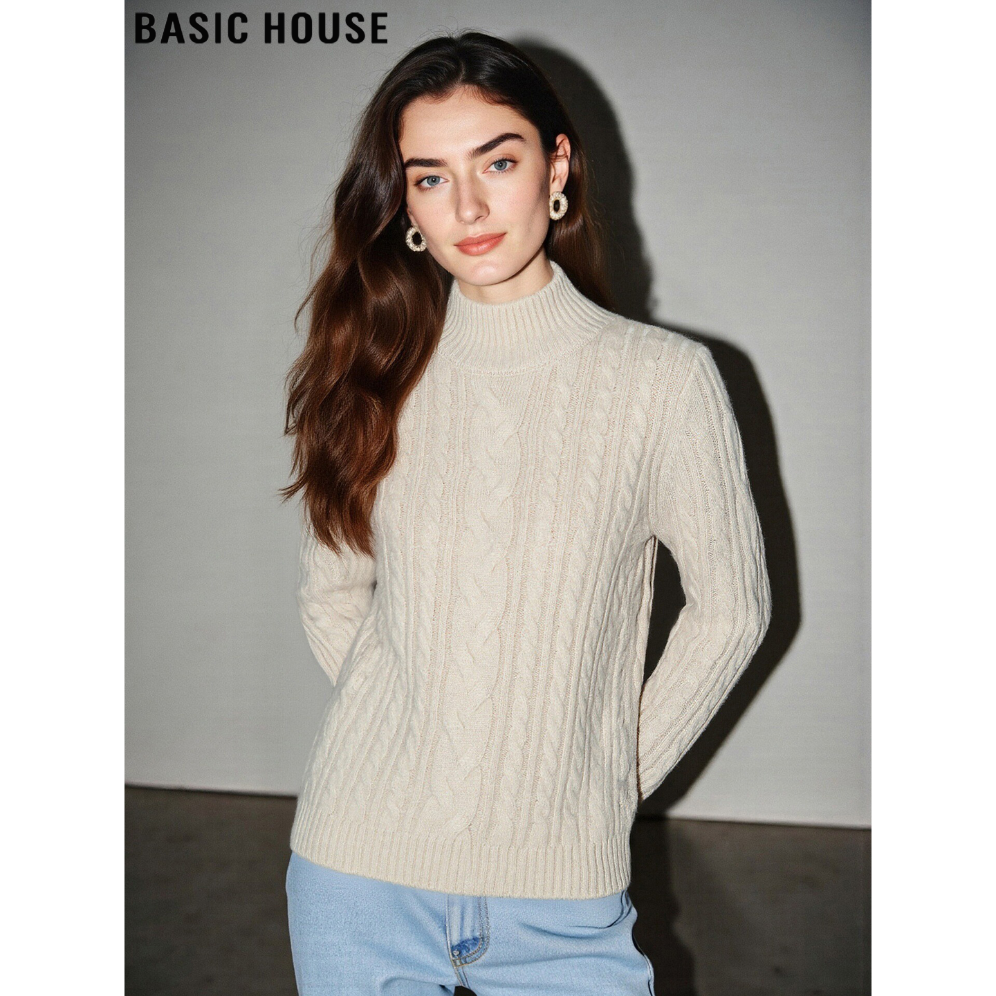 Basic House/百家好麻花高领羊绒衫女冬季高级感软糯羊毛打底毛衣