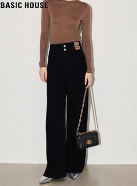 Basic House/百家好高腰黑色加绒直筒牛仔裤女冬季显瘦窄版阔腿裤
