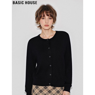 女春季 百家好黑色气质圆领针织开衫 打底叠穿毛衣外套 House Basic