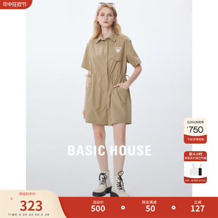 Basic House/百家好夏季新款刺绣衬衫领休闲工装连体短裤女