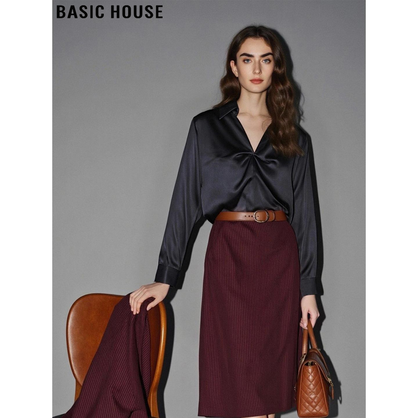 百家好高级感黑色扭结缎面衬衫女