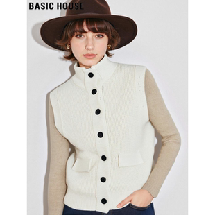 Basic House/百家好米白色羊毛针织马夹女士冬季高领无袖毛衣马甲