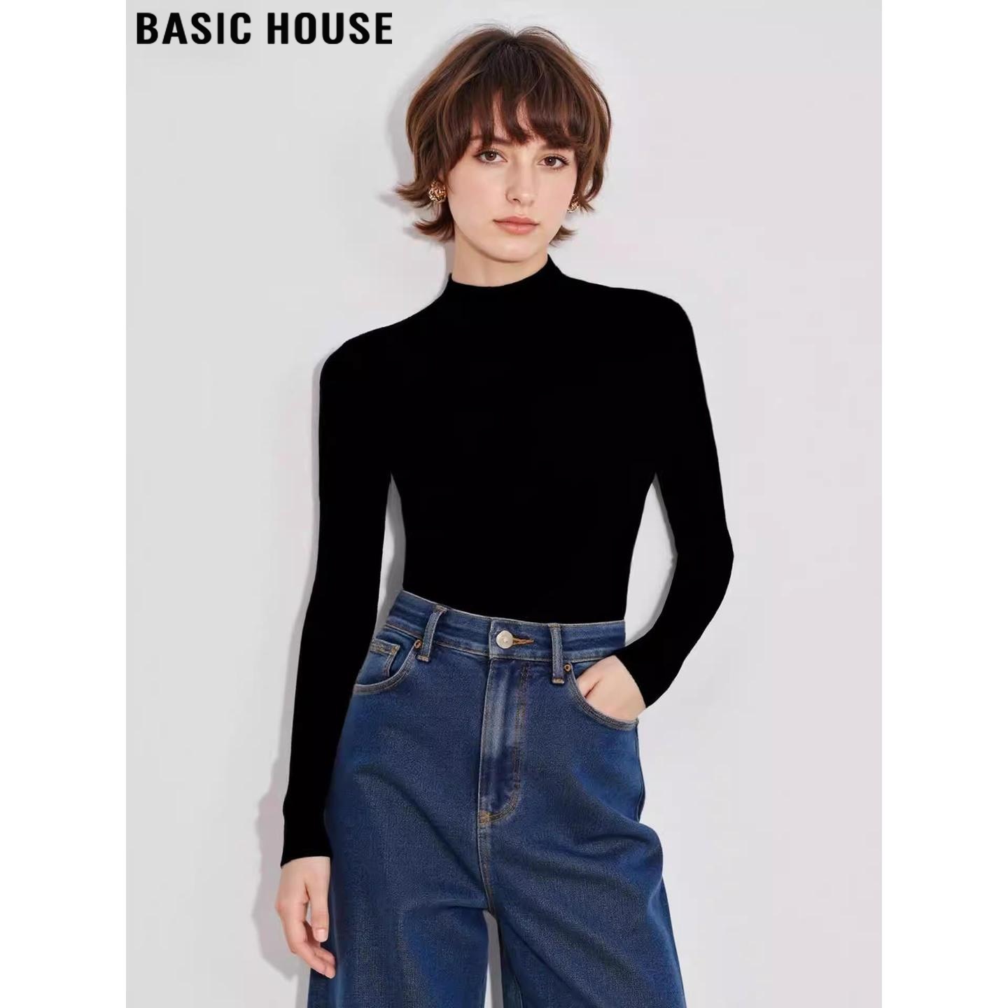 Basic House/百家好黑色半高领针织衫女冬季复古修身软糯打底毛衣,女装/女士精品,毛针织衫,淘宝优惠券,粉丝福利购,淘宝优惠卷