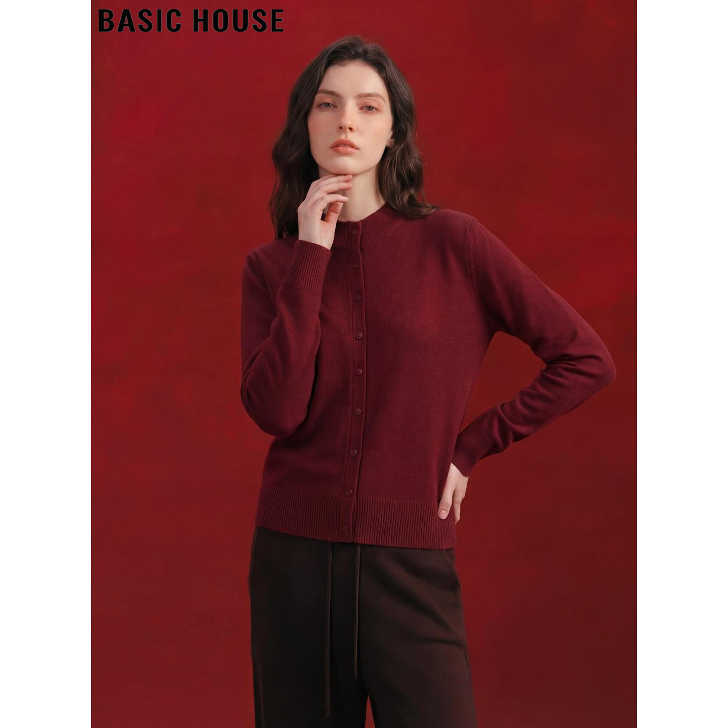 Basic House/百家好马年红色针织开衫女2026春季新款气质软糯毛衣,女装/女士精品,毛针织衫,淘宝优惠券,粉丝福利购,淘宝优惠卷