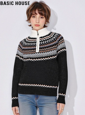 Basic House/百家好费尔岛半拉链加厚毛衣女冬季慵懒半高领针织衫
