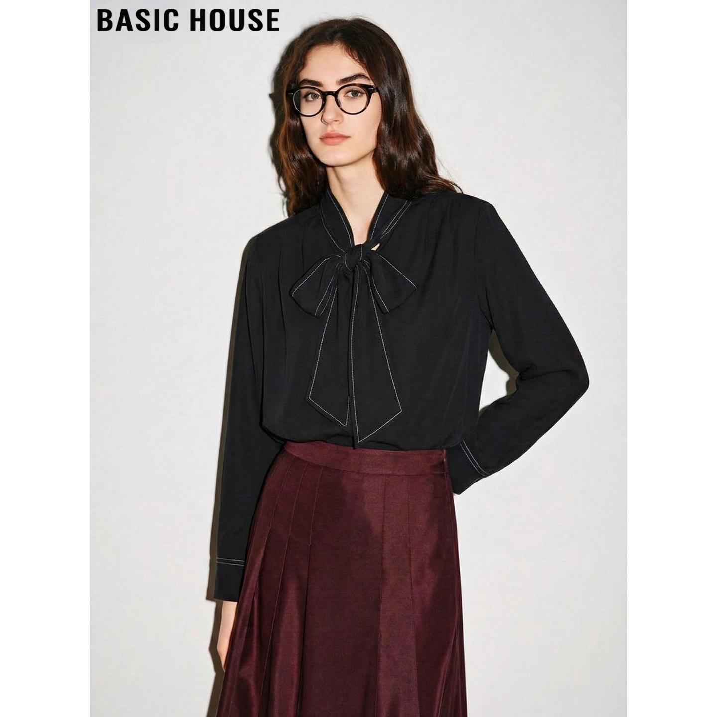 Basic House/百家好黑色蝴蝶结长袖衬衫女士2026春季新款法式衬衣,女装/女士精品,衬衫,淘宝优惠券,粉丝福利购,淘宝优惠卷