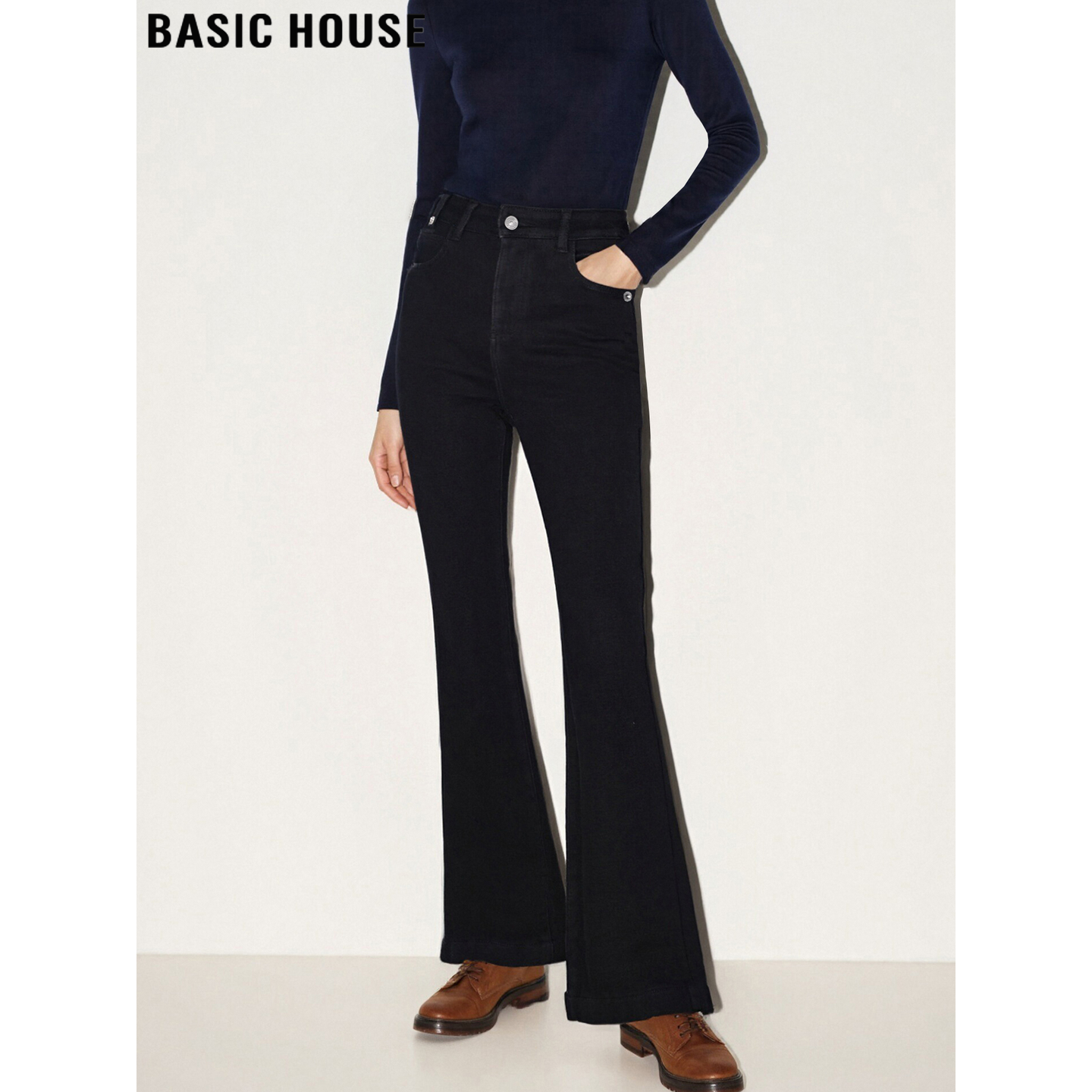 黑色微喇牛仔裤加绒高腰马蹄裤