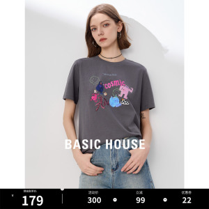 Basic House/百家好趣味印花短袖T恤女2024夏季新款减龄半袖上衣