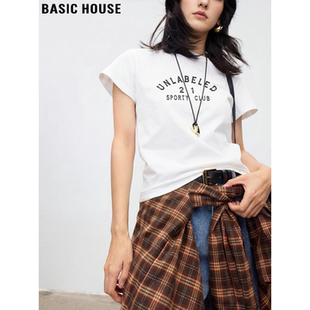 T恤女夏季 Basic 字母印花短袖 百家好美式 圆领正肩白色上衣 House