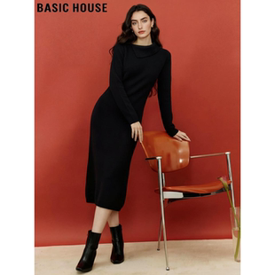 Basic House/百家好赫本风黑色针织连衣裙女春季中长款圆领打底裙