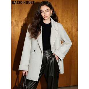 Basic House/百家好白色加厚毛呢外套女士冬季高级感气质羊毛大衣