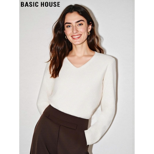 女冬季 百家好白色V领羊毛针织衫 高级感宽松软糯毛衣 House Basic