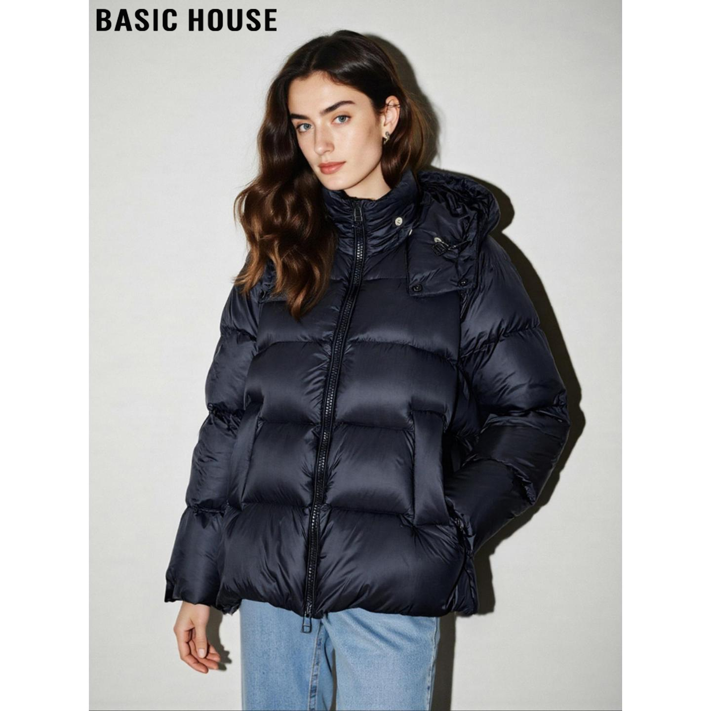 Basic House/百家好黑色连帽羽绒服外套女冬季加厚保暖短款面包服