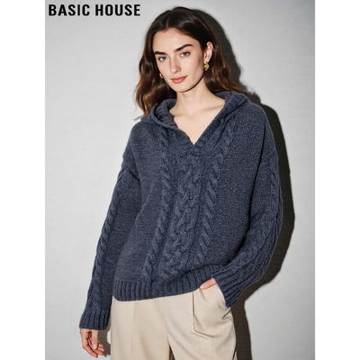 百家好慵懒风灰色麻花连帽羊绒衫